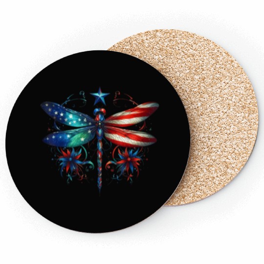 American Flag Dragonfly Patriotic 4th of July Coasters