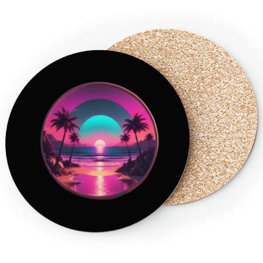 Synthwave Beach Scene with Palm Trees and Sunset Coasters
