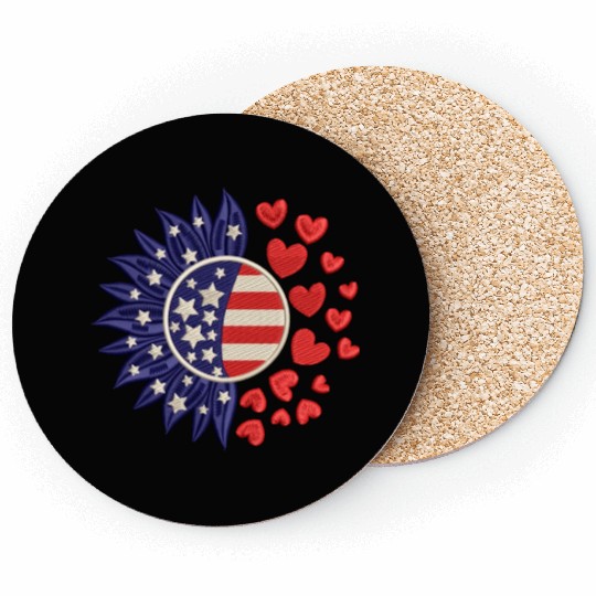 American Sunflower Hearts Embrodery Effect Coasters