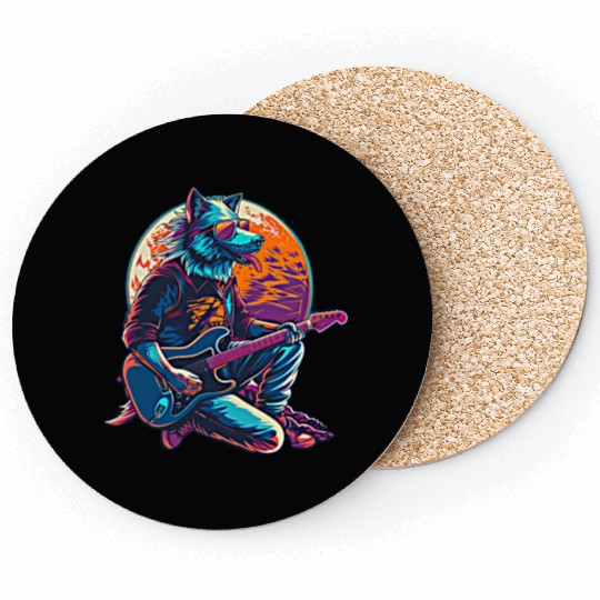 Blue Wolf Moon Guitar Player Retro Sunglasses Coasters