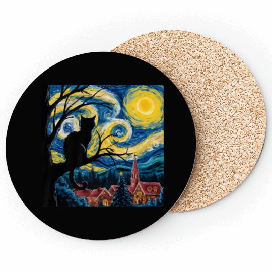Starry Night Cat Art Premium Coasters