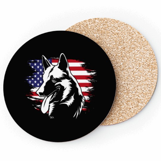 US Flag Dog Face 4th Of July Belgian Malinois Coasters