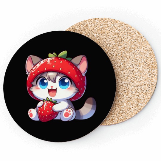 Cute Cat Strawberry Fruit Hat Quirky Coasters