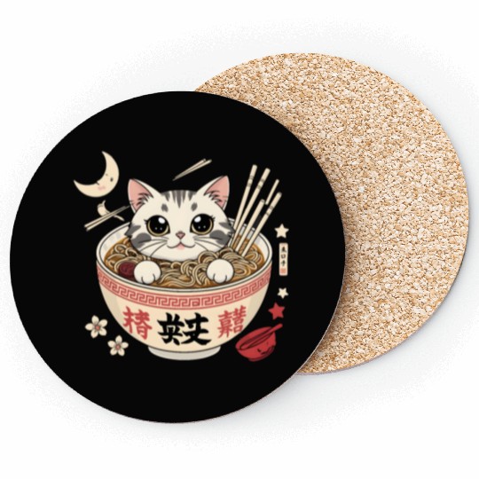 Kawaii Ramen Cat Japanese Noodles for Otaku Lovers Coasters