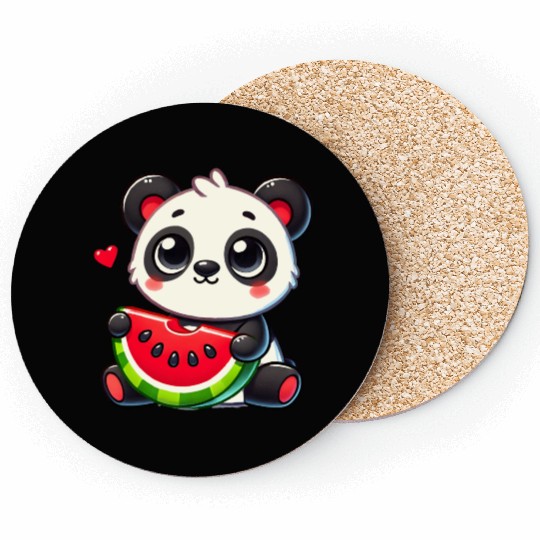 The cute panda enjoys a piece of watermelon Coasters