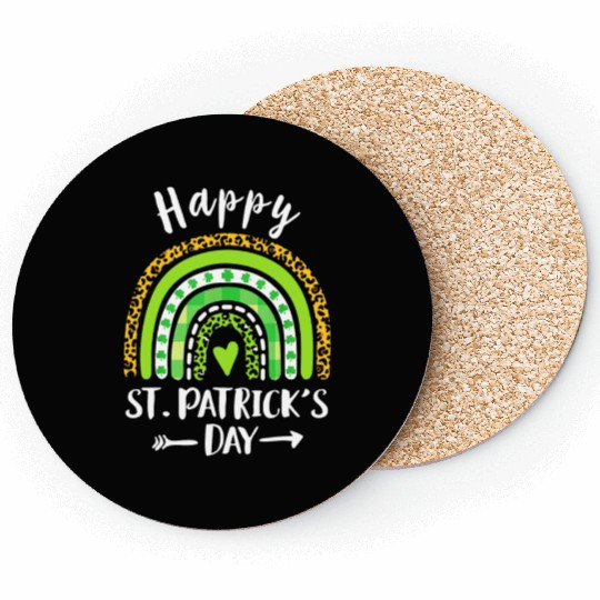 Happy St Patricks Day Rainbow Leopard Print Coasters