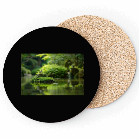 Serene Pond with Bird on Mossy Rock Coasters