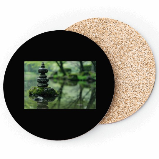 Zen Stone Stack Reflected in Tranquil Pond Coasters