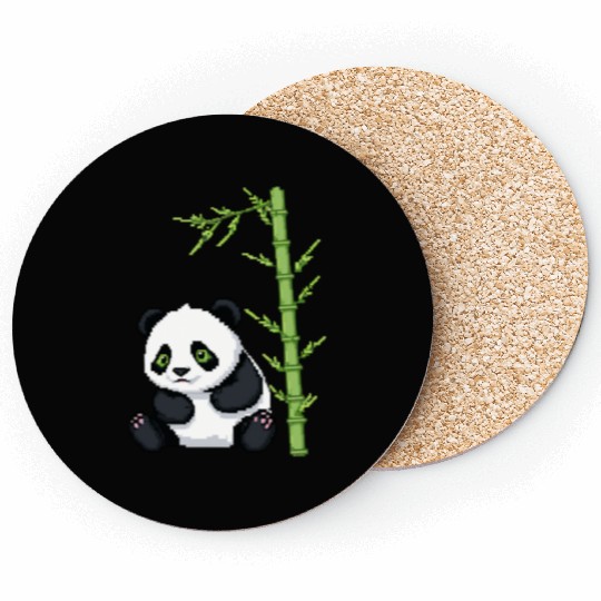 A pixel art of a panda with a bamboo leaf Coasters