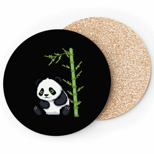 A pixel art of a panda with a bamboo leaf Coasters
