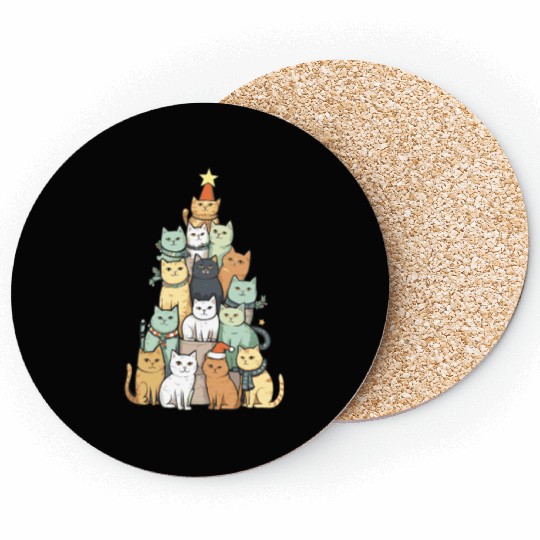 Cute Cat Christmas Tree Pet Animals Lover Design Coasters