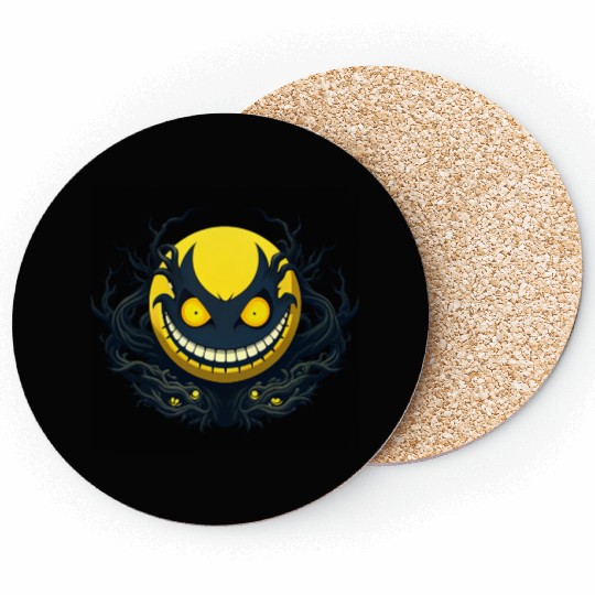 Bright yellow face with sinister twists. Coasters