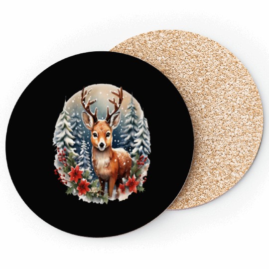 Christmas Deer with Poinsettia and Snow Coasters