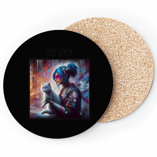 Cat Lady (Cyberpunk) Street Art v1 Coasters