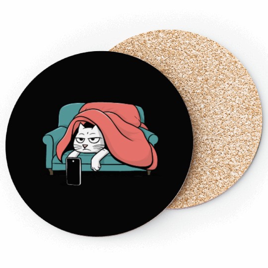Bored Cat on Couch With Smart Phone Coasters