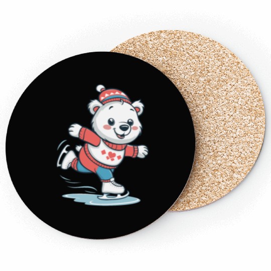 Cute Ice Skating polar bear in Cozy Winter Outfit Coasters