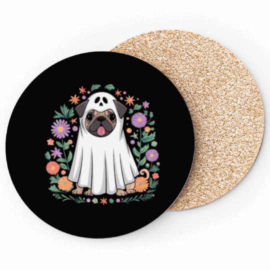 Halloween Pug Ghost Surrounded by Flowers Coasters