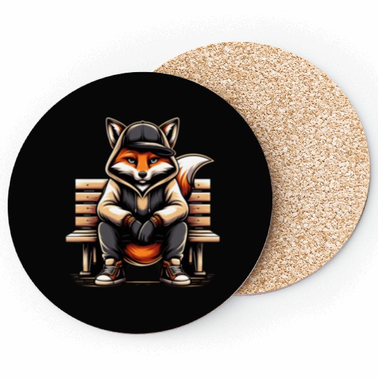 A Cartoon Fox Sitting On A Park Bench Coasters