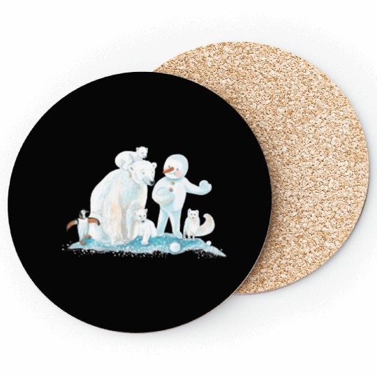 Polar Animals and Snowman in Ice Cold Winter Coasters