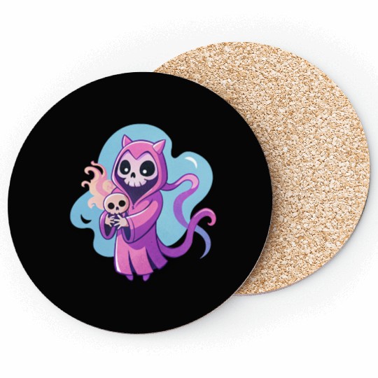 skeletal figure, violet pink robe, lavender puppy Coasters