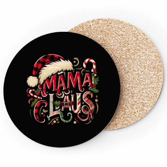 Festive 'Mama Claus' Christmas Coasters with Plaid