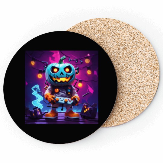 Pumpkin Gamer Halloween Neon Vibes Fun Design Coasters