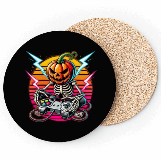 Retro Pumpkin Skeleton Gamer Neon Halloween Design Coasters