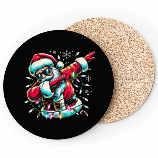 Dabbing Santa with Christmas Lights and Snowflakes Coasters