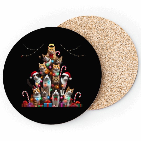 Christmas Cats Tree with Lights and Gifts Coasters