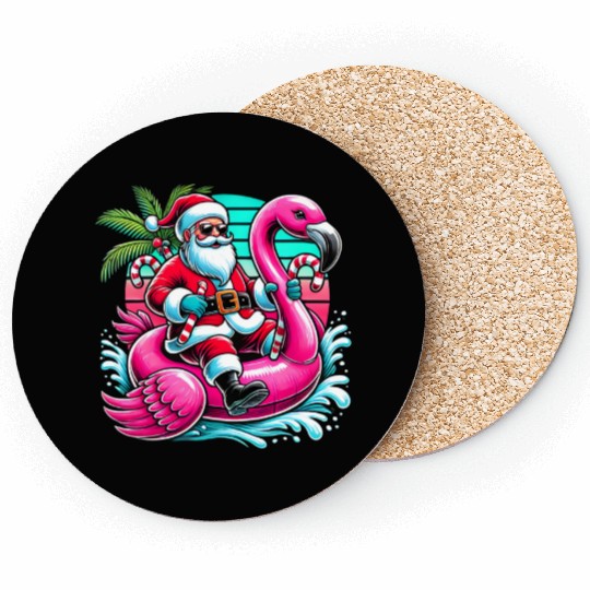 Santa Riding Flamingo in Tropical Christmas Fun Coasters
