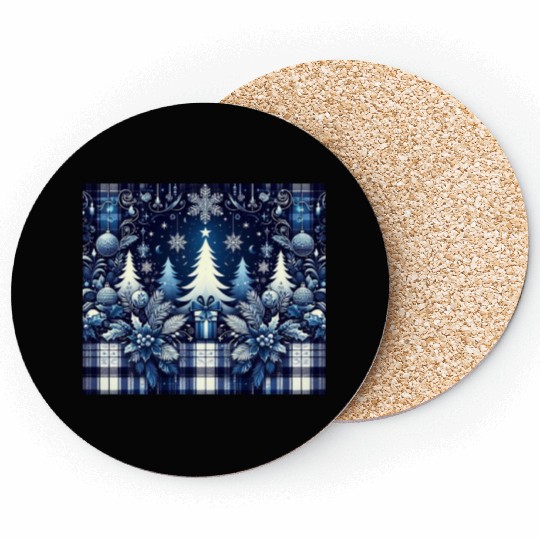 blue and white flannel christmas trees holiday Coasters
