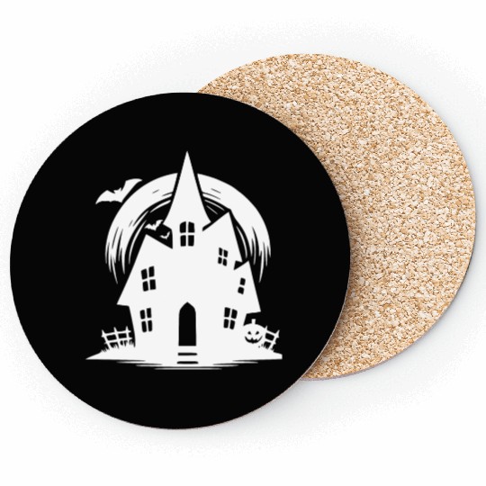 Bat Full Moon Haunted House Halloween Tattoo Coasters