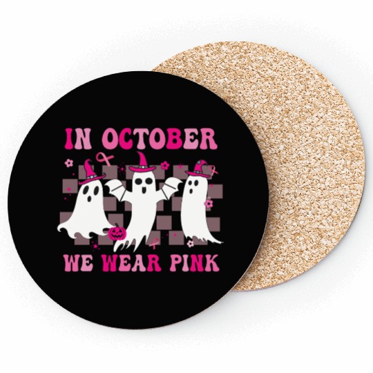 In October We Wear Pink Wizard Ghosts Halloween Coasters