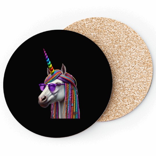 Rainbow Unicorn with Braids and Sunglasses Swag Coasters