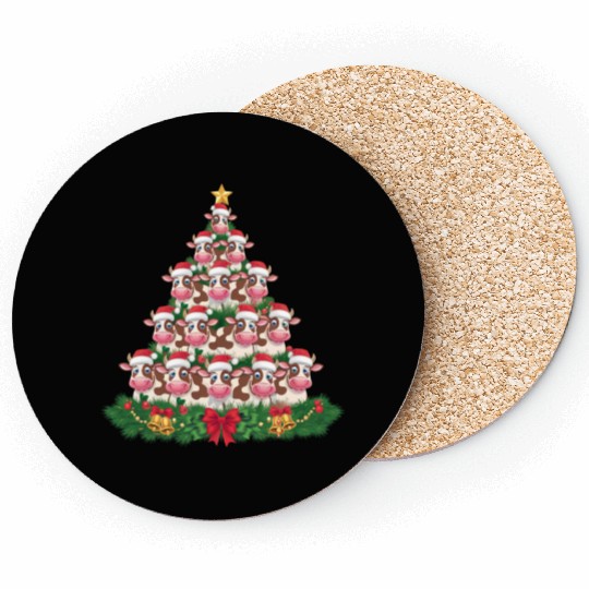 Cow Christmas Tree Funny Cow Lover Cow Xmas Coasters