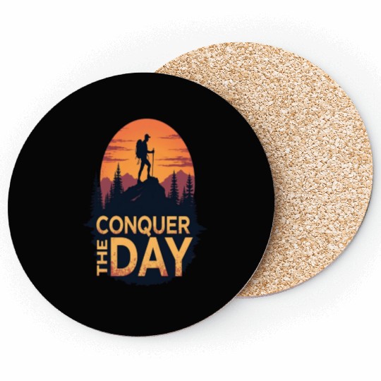 Conquer the Day Hiking Illustration Coasters