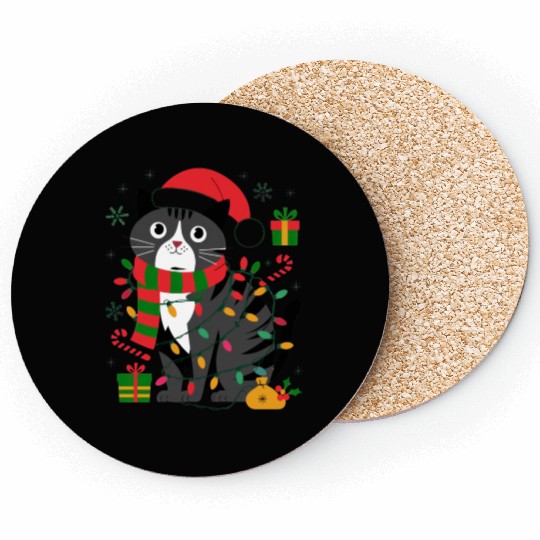 Cute Christmas Cat Design - Festive Lights Coasters