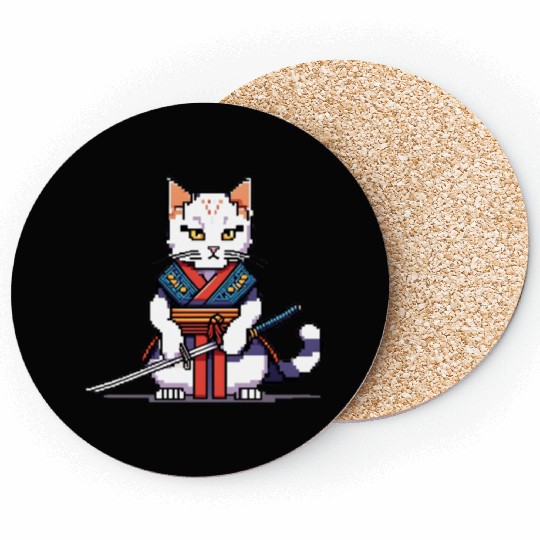 Pixel Samurai Cat Warrior Coasters