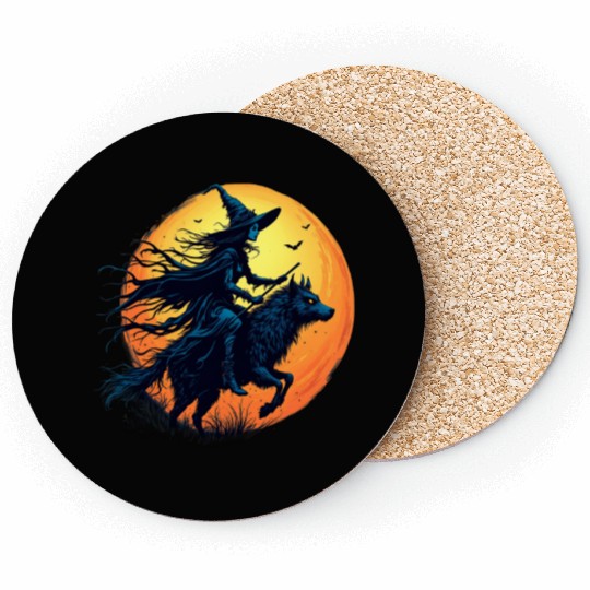 Halloween Witch Riding a Wolf Under Full Moon Coasters