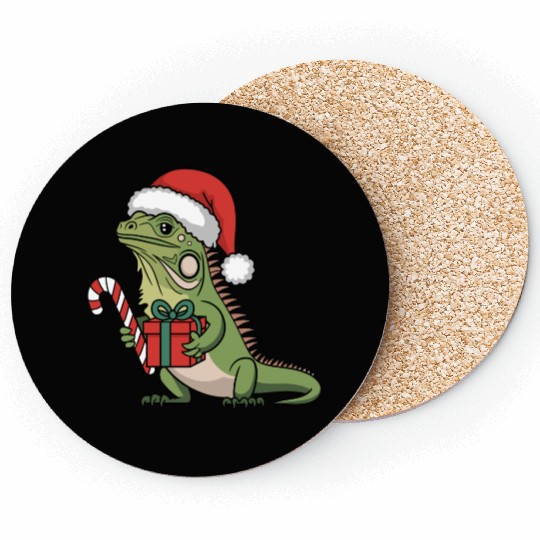 Christmas Iguana Present Candy Cane Santa Hat Coasters