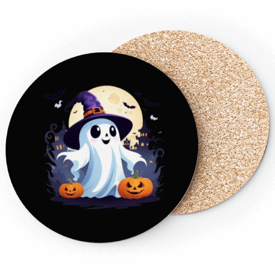 D83D DC7B D83C DF83 Whimsical Ghost and Pumpkin Halloween Art Coasters