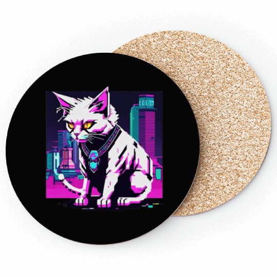 Neon Cyberpunk Cat Coasters
