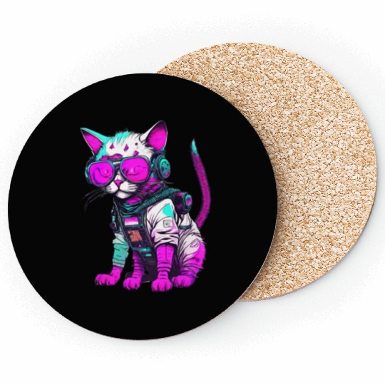 Punk Space Cat with Neon Goggles Coasters