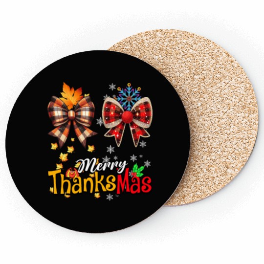 Merry Thanksmas plaid Coquette Bow Christmas Plaid Coasters
