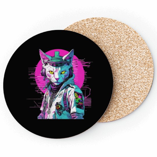 Neon Cyberpunk Warrior Cat Coasters