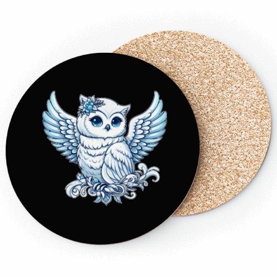 Cute snowy owl blue eyes angel wings cartoon Coasters