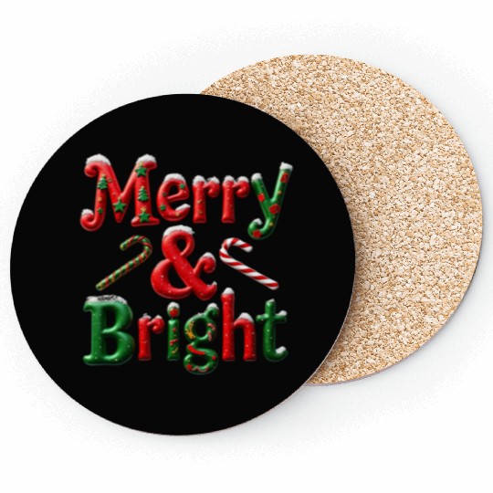 Merry and Bright Christmas Typography Coasters