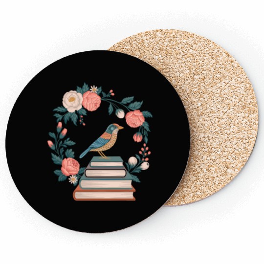 Cottagecore Bird on Books with Floral Wreath Coasters