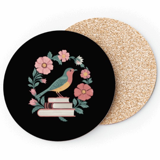Cottagecore Bird and Books with Floral Beauty Coasters