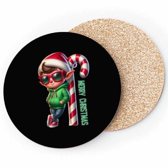 Merry Christmas Cool Elf with Candy Cane Vibes Coasters